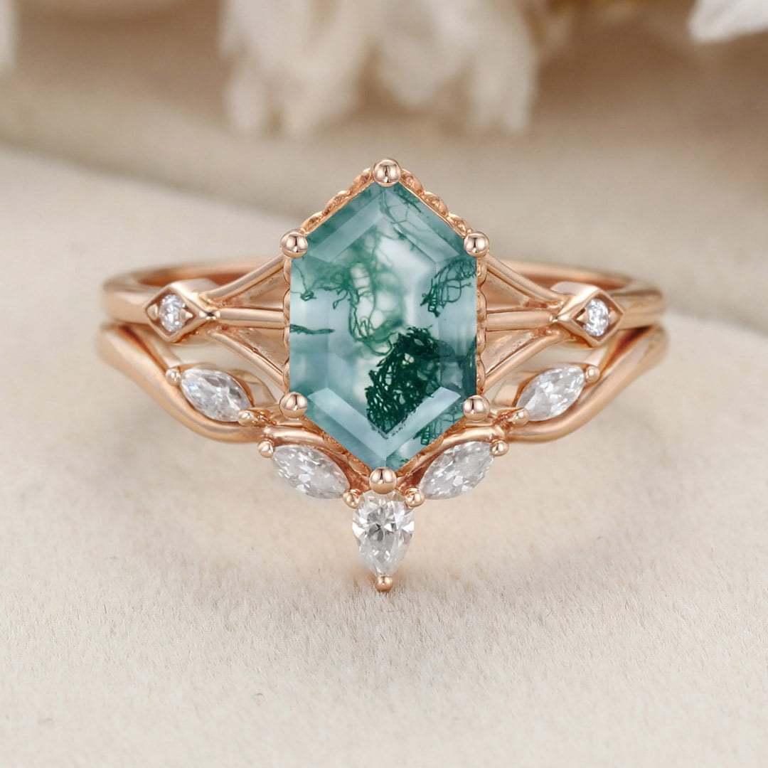 Hexagon Cut Natural Moss Agate Engagement Ring Set Vintage 14K Rose Gold Marquise Diamond Wedding Ring