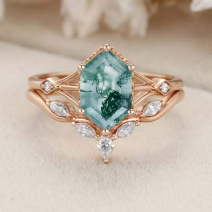 Hexagon Cut Natural Moss Agate Engagement Ring Set Vintage 14K Rose Gold Marquise Diamond Wedding Ring