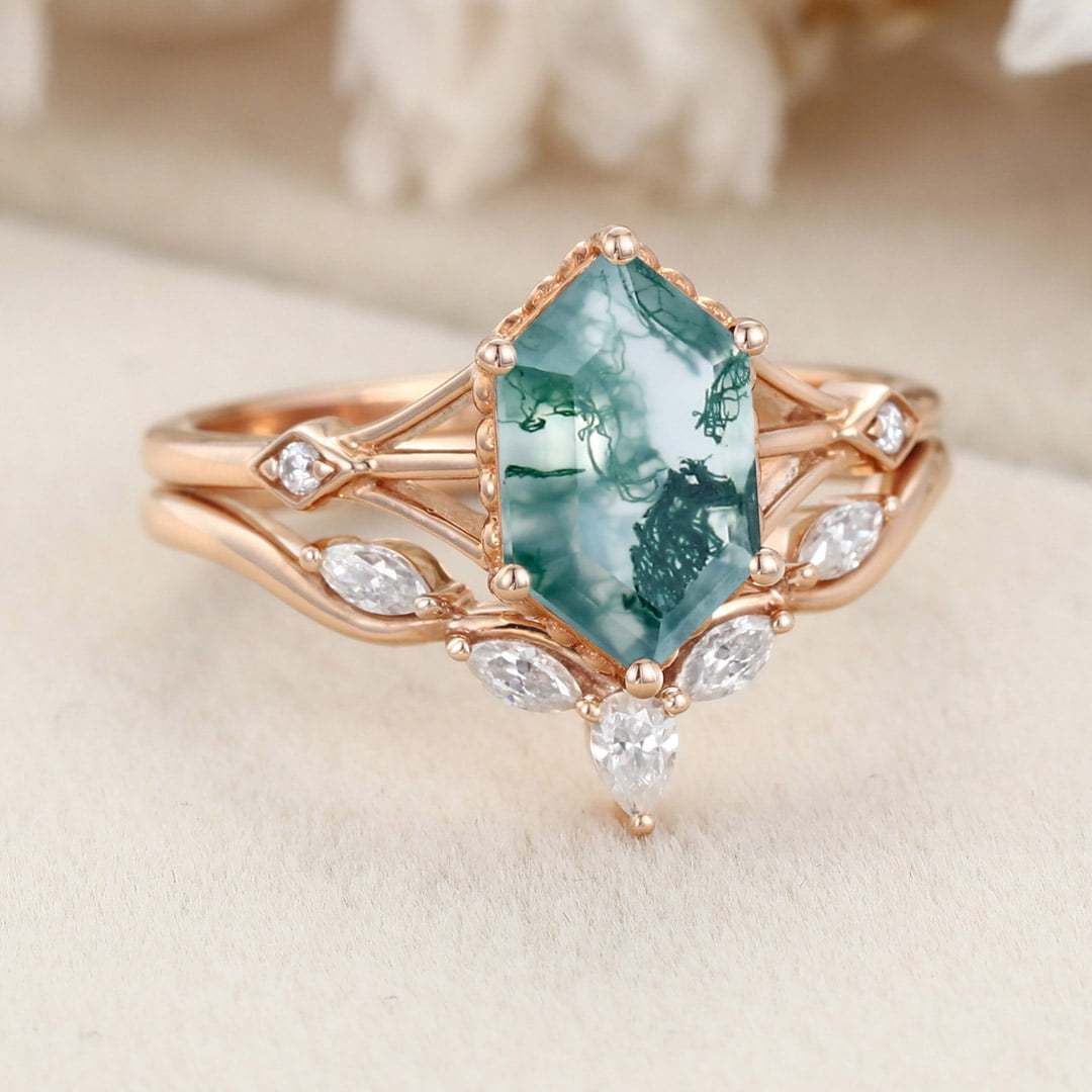 Hexagon Cut Natural Moss Agate Engagement Ring Set Vintage 14K Rose Gold Marquise Diamond Wedding Ring