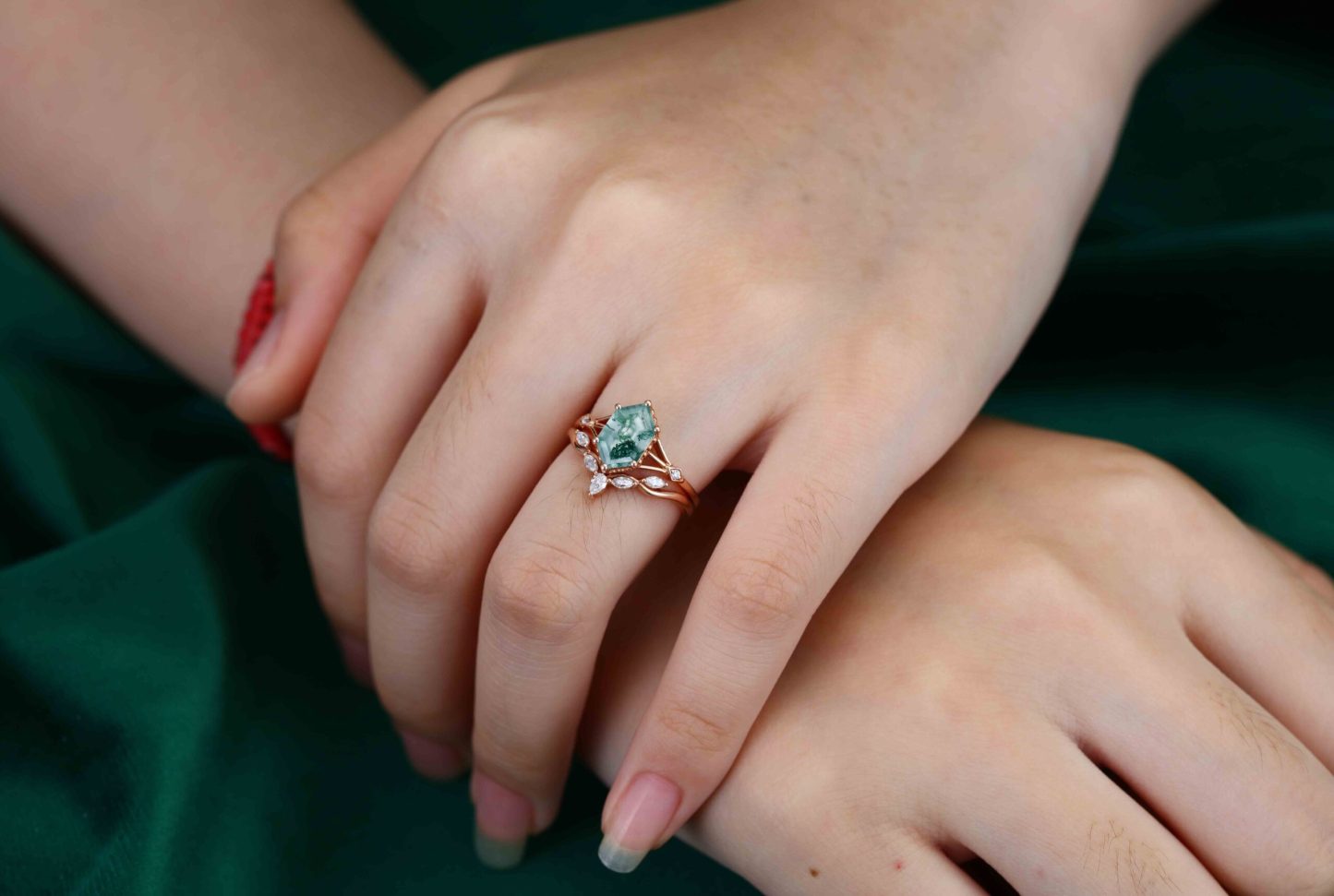 Hexagon Cut Natural Moss Agate Engagement Ring Set Vintage 14K Rose Gold Marquise Diamond Wedding Ring