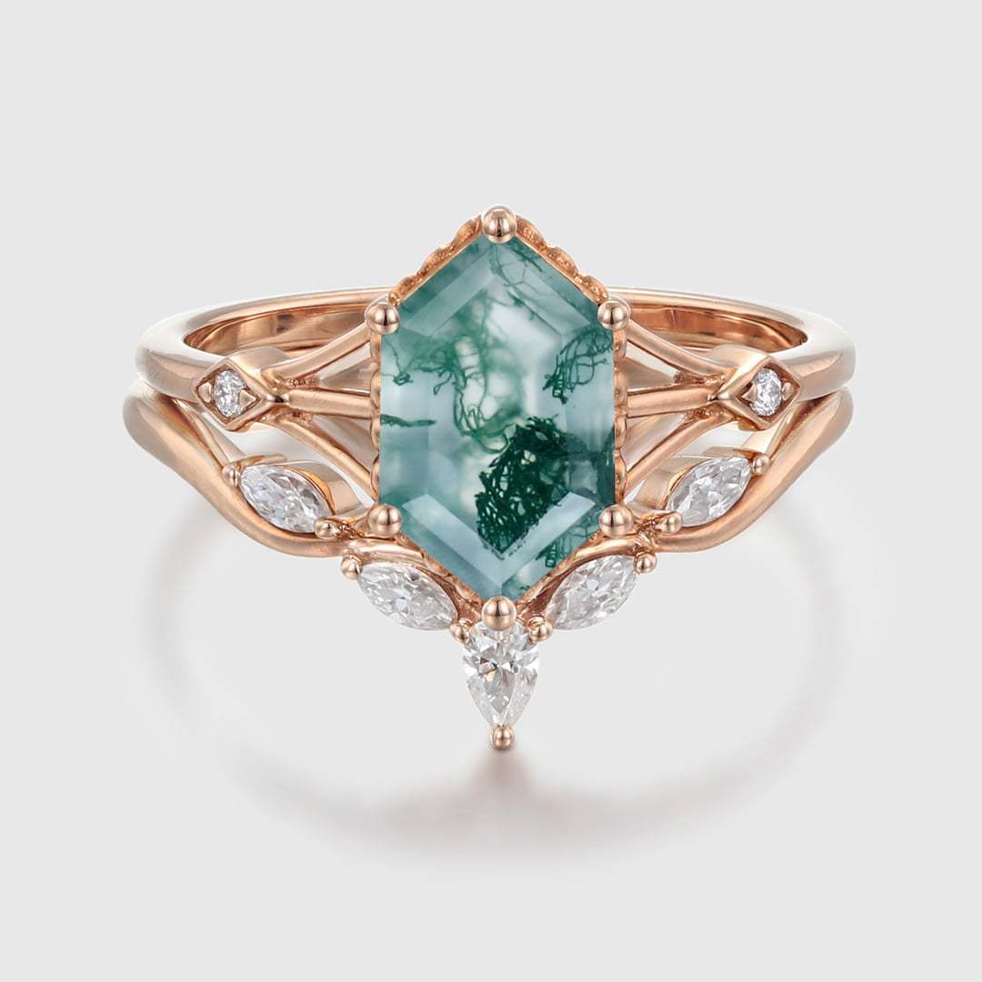 Hexagon Cut Natural Moss Agate Engagement Ring Set Vintage 14K Rose Gold Marquise Diamond Wedding Ring