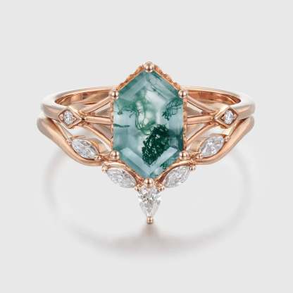 Hexagon Cut Natural Moss Agate Engagement Ring Set Vintage 14K Rose Gold Marquise Diamond Wedding Ring