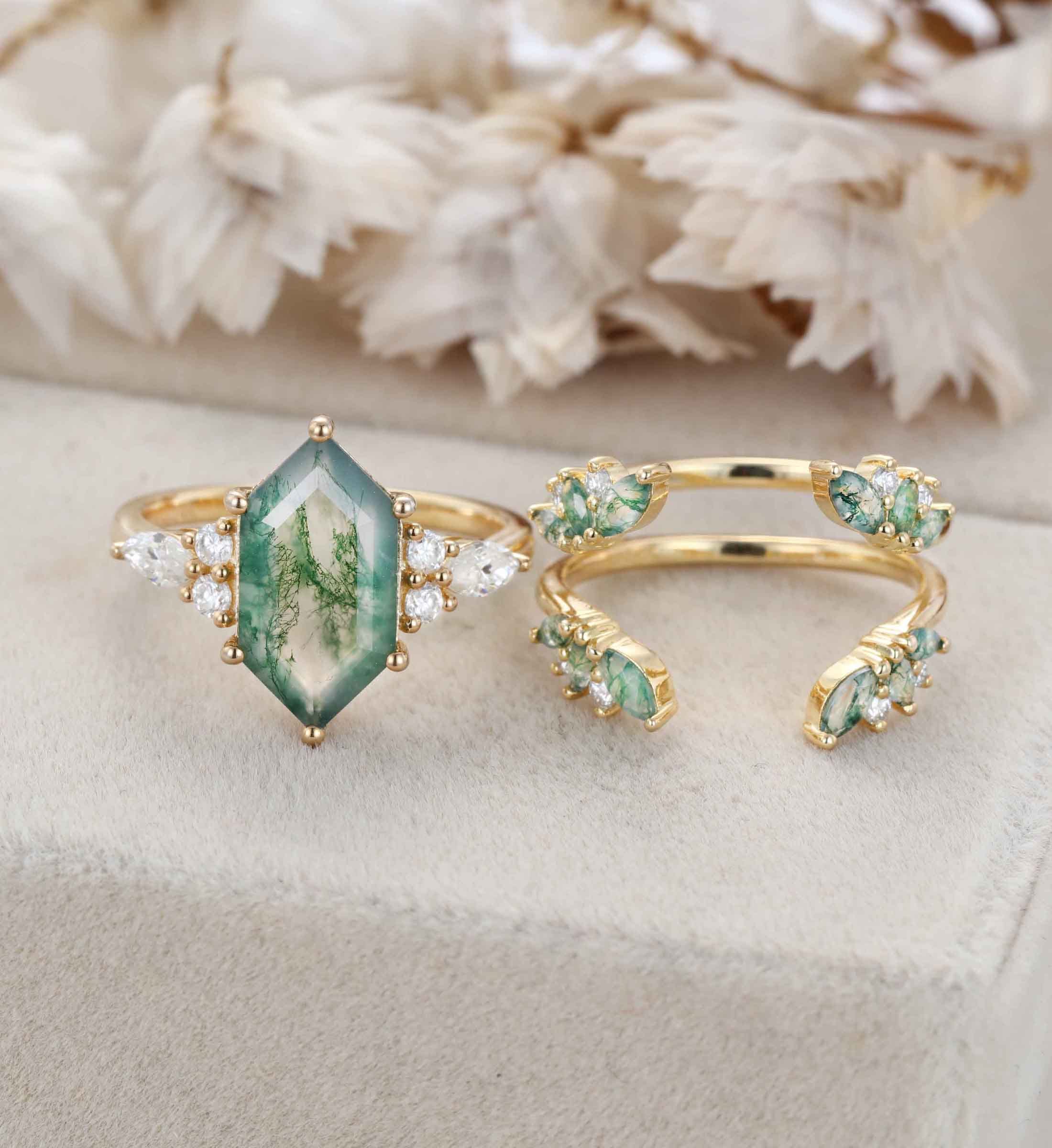 Hexagon Cut Natural Moss Agate Engagement Ring Set Vintage 14K Solid Gold Marquise Moissanite Ring Enhancer Moss Agate Wedding Ring Set