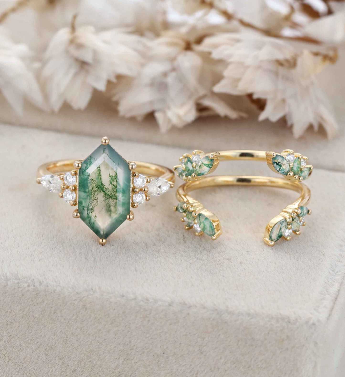 Hexagon Cut Natural Moss Agate Engagement Ring Set Vintage 14K Solid Gold Marquise Moissanite Ring Enhancer Moss Agate Wedding Ring Set