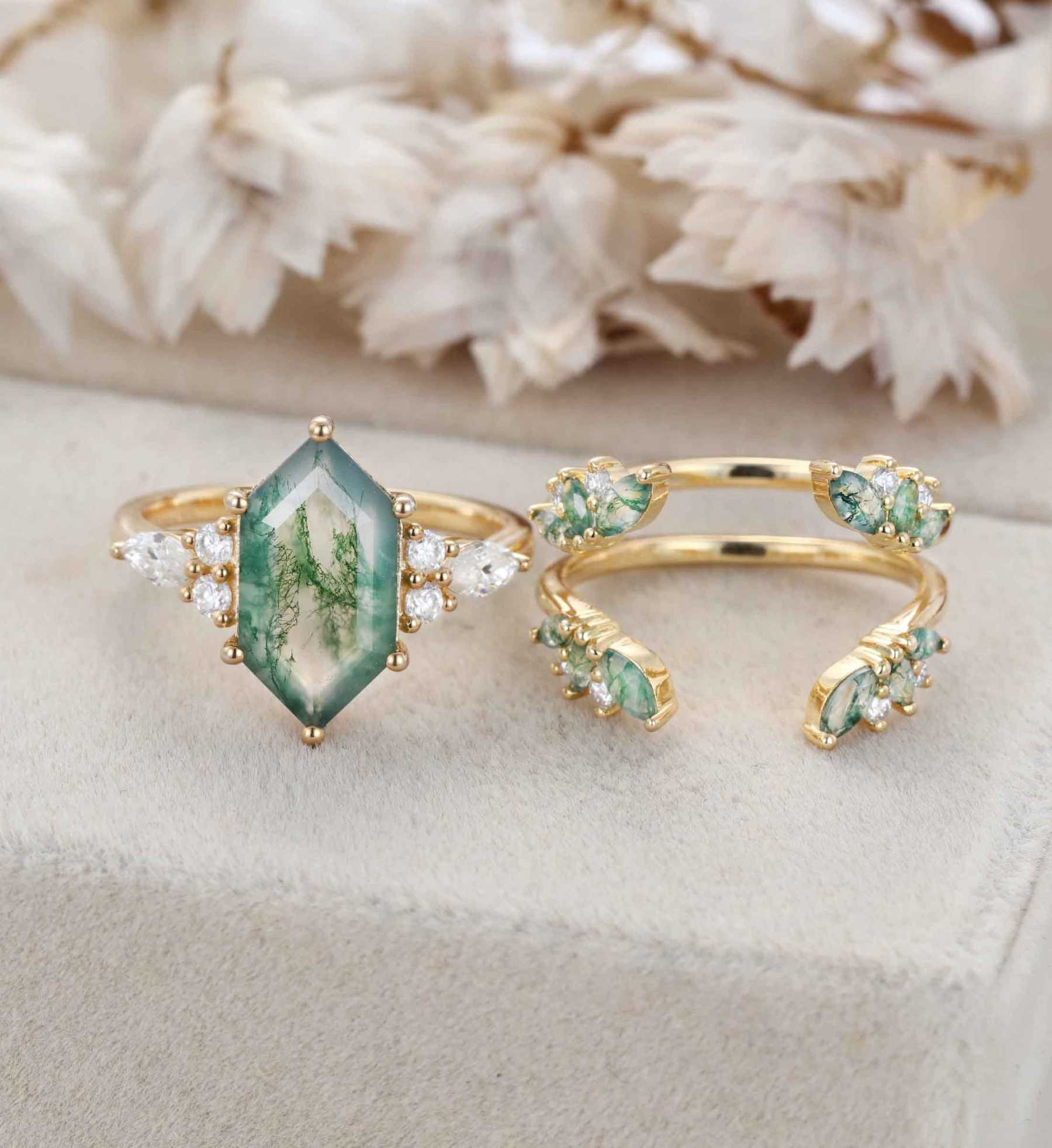 Hexagon Cut Natural Moss Agate Engagement Ring Set Vintage 14K Solid Gold Marquise Moissanite Ring Enhancer Moss Agate Wedding Ring Set