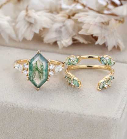 Hexagon Cut Natural Moss Agate Engagement Ring Set Vintage 14K Solid Gold Marquise Moissanite Ring Enhancer Moss Agate Wedding Ring Set