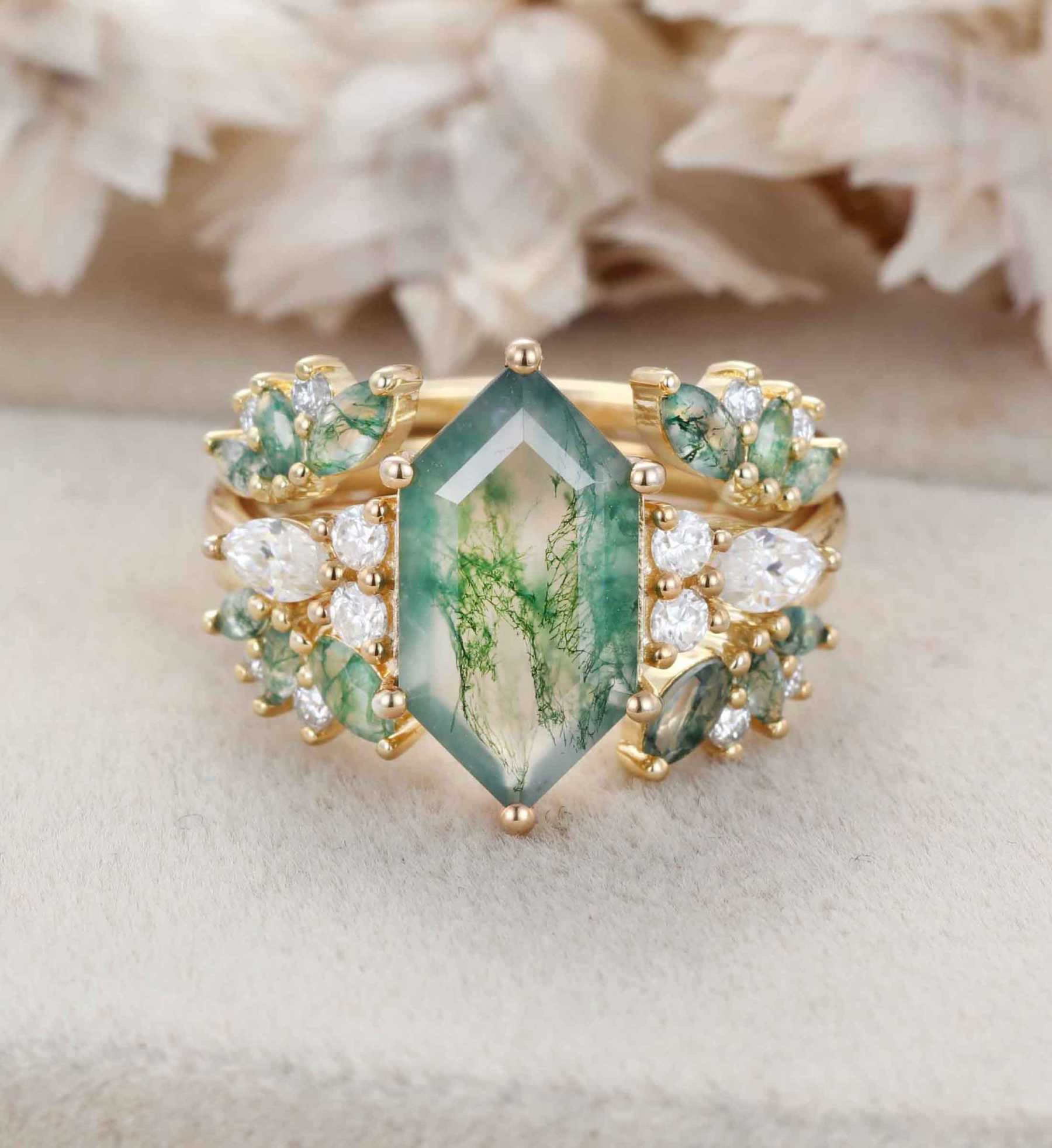 Hexagon Cut Natural Moss Agate Engagement Ring Set Vintage 14K Solid Gold Marquise Moissanite Ring Enhancer Moss Agate Wedding Ring Set