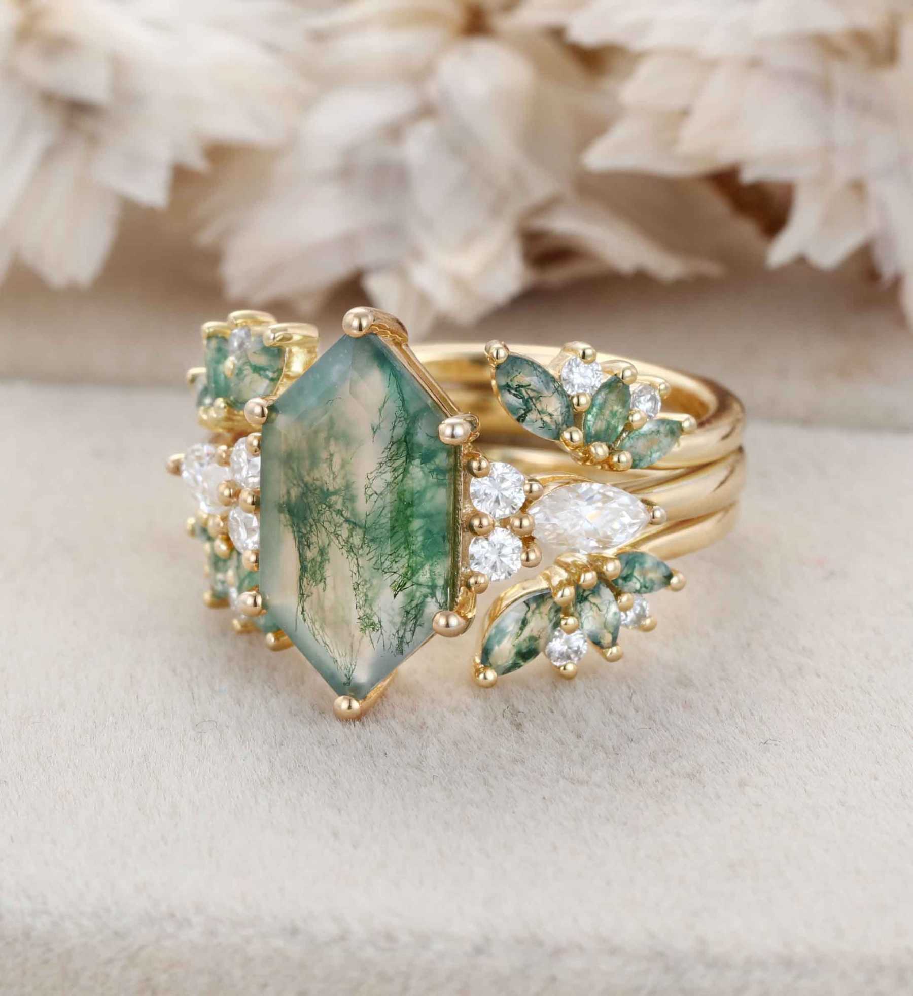 Hexagon Cut Natural Moss Agate Engagement Ring Set Vintage 14K Solid Gold Marquise Moissanite Ring Enhancer Moss Agate Wedding Ring Set