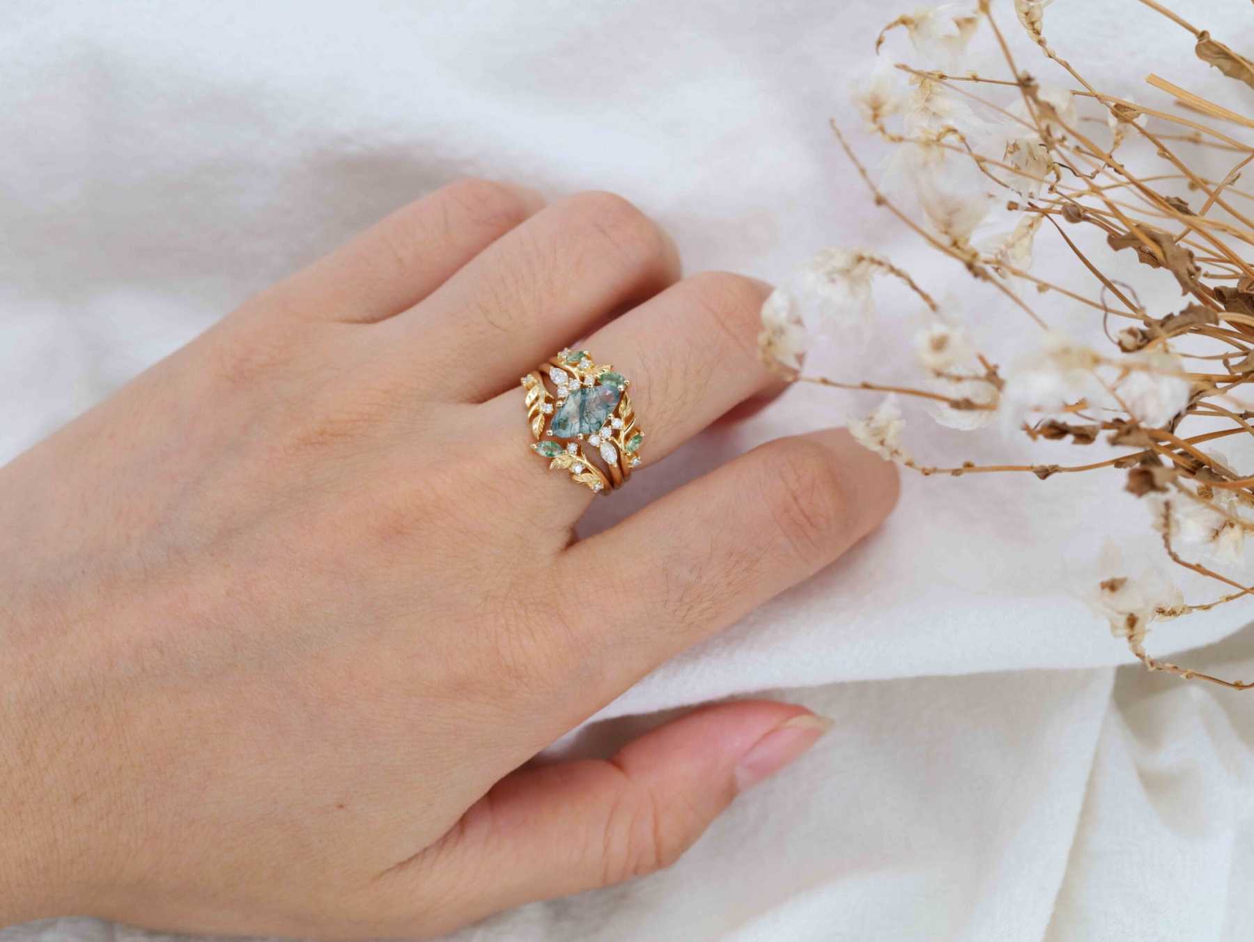 Hexagon Cut Nature Moss Agate Engagement Ring Set 14k Gold Leaf Moss Agate Curved Wedding Band Vintage Moissanite Promise Anniversary Rings