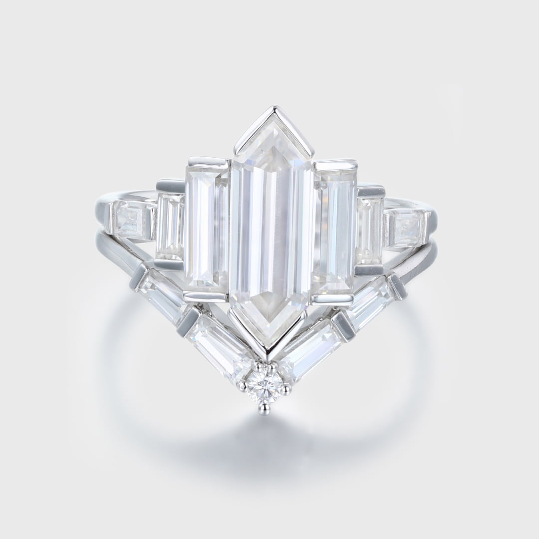 Hexagon Moissanite engagement ring set Unique Cluster baguette ring White gold Baguette engagement ring set Bridal promise Anniversary gift