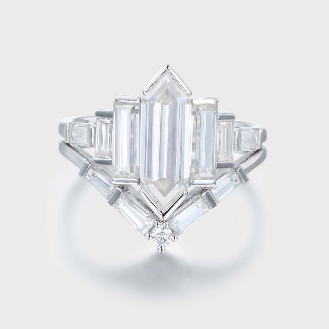 Hexagon Moissanite engagement ring set Unique Cluster baguette ring White gold Baguette engagement ring set Bridal promise Anniversary gift