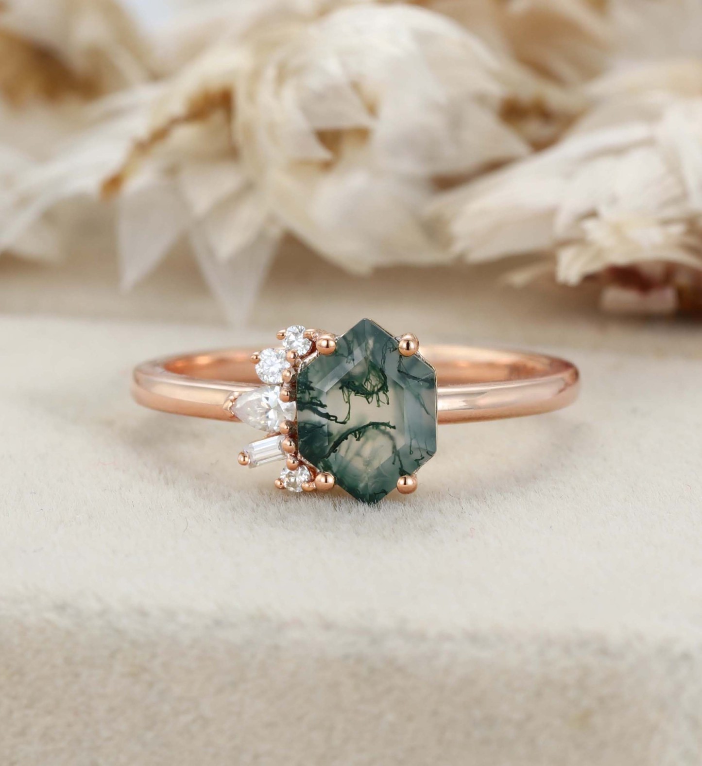 Hexagon Moss Agate Asymmetrical Ring Aquatic Green Agate Engagement Ring 14k Solid Gold Vintage Anniversary Ring Solitaire Promise Ring