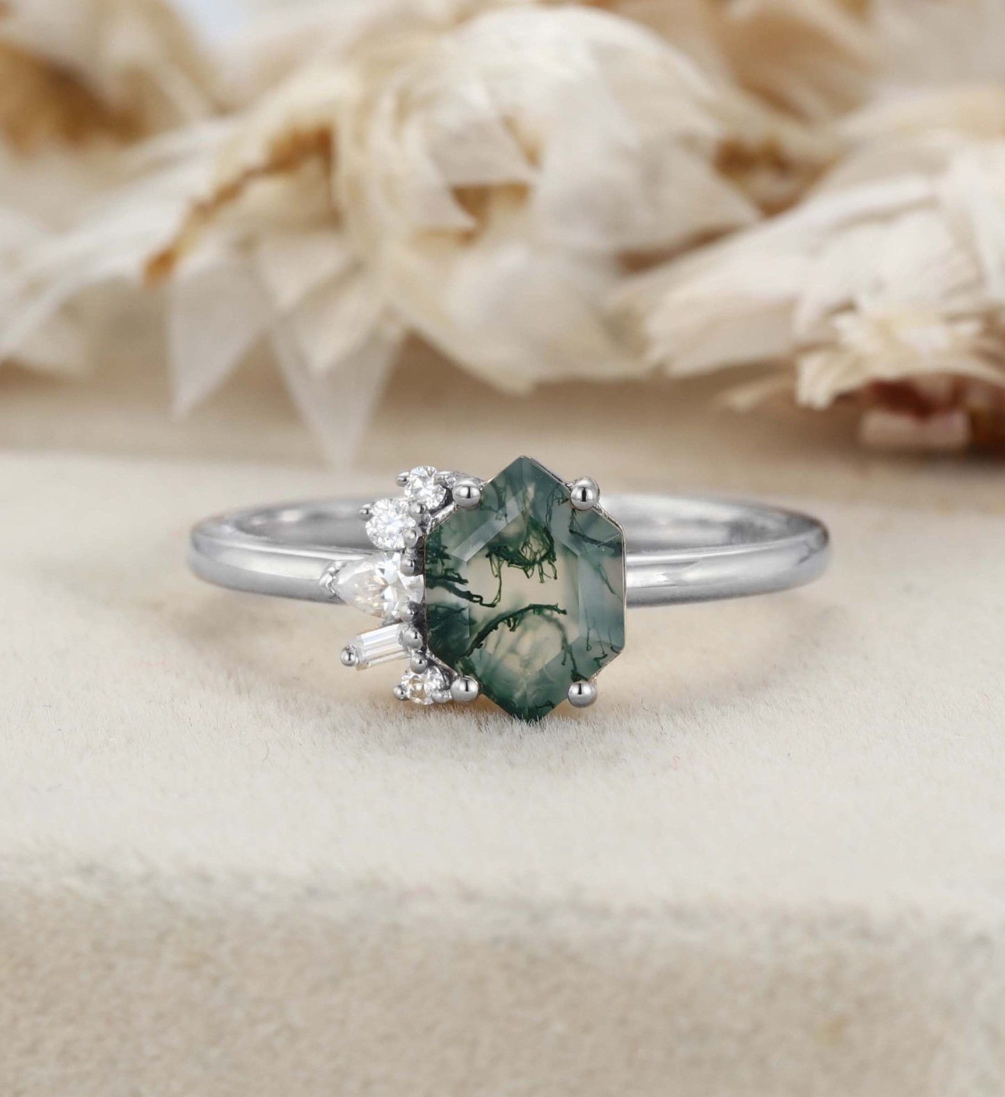 Hexagon Moss Agate Asymmetrical Ring Aquatic Green Agate Engagement Ring 14k Solid Gold Vintage Anniversary Ring Solitaire Promise Ring