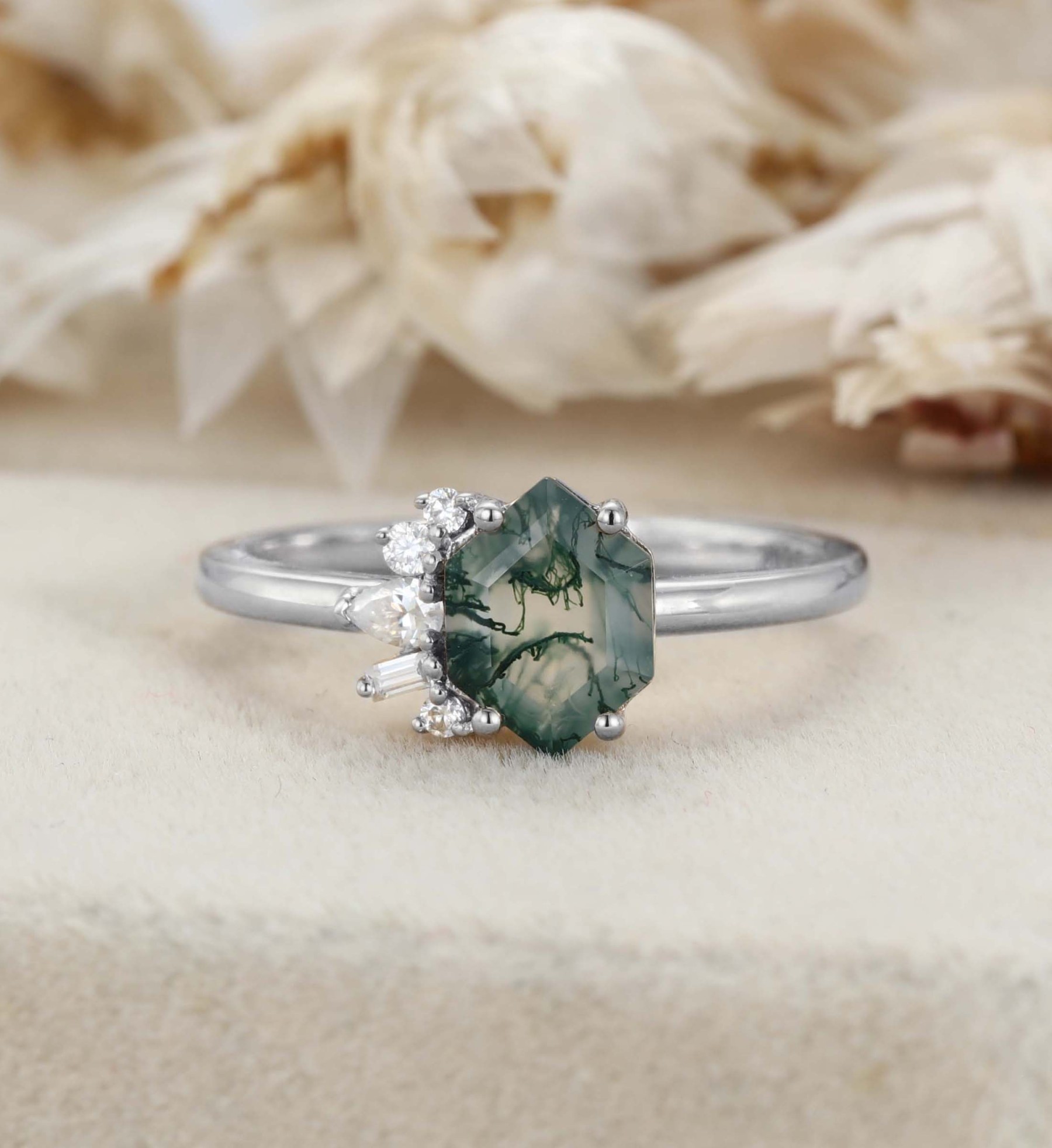 Hexagon Moss Agate Asymmetrical Ring Aquatic Green Agate Engagement Ring 14k Solid Gold Vintage Anniversary Ring Solitaire Promise Ring