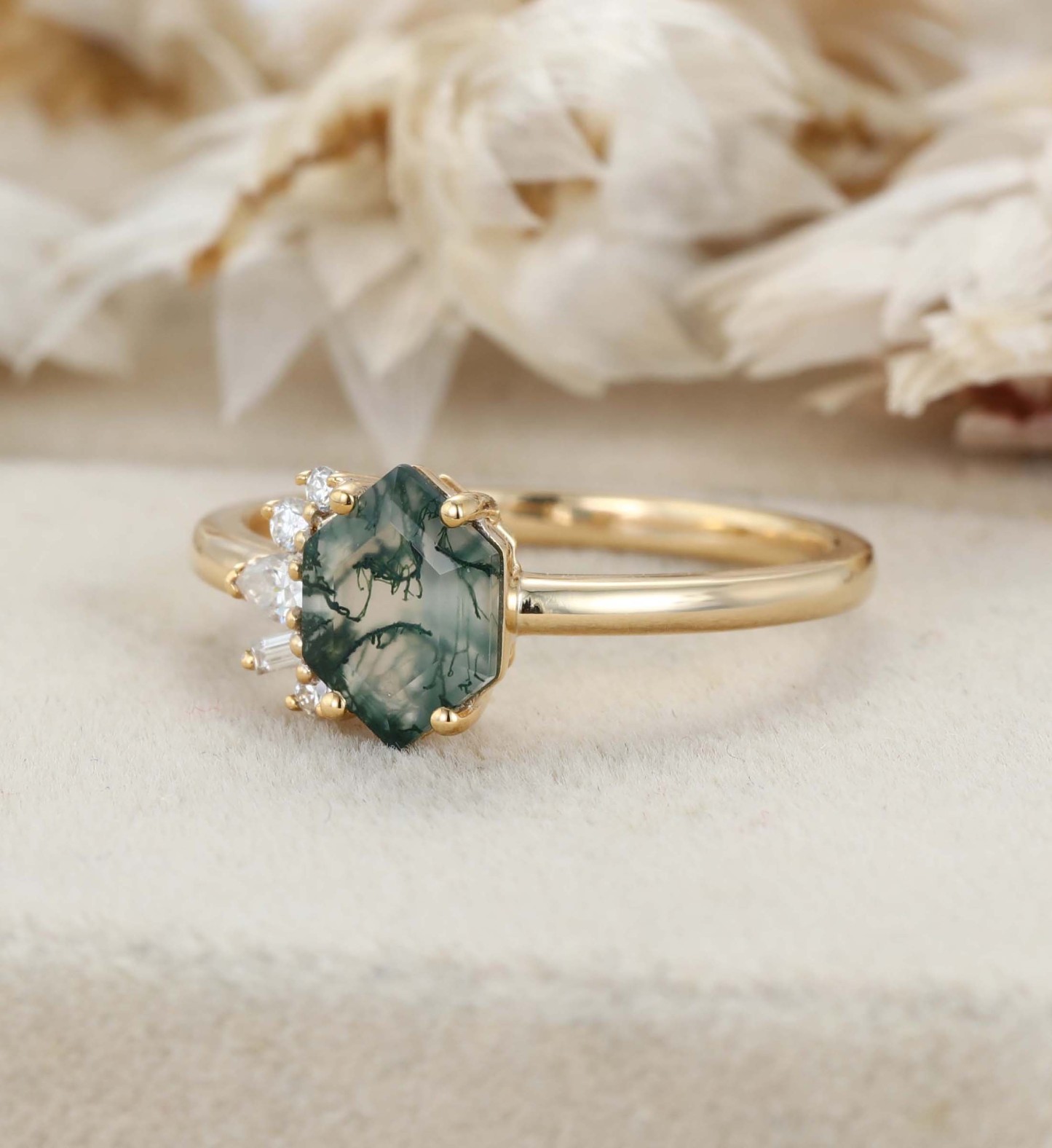 Hexagon Moss Agate Asymmetrical Ring Aquatic Green Agate Engagement Ring 14k Solid Gold Vintage Anniversary Ring Solitaire Promise Ring