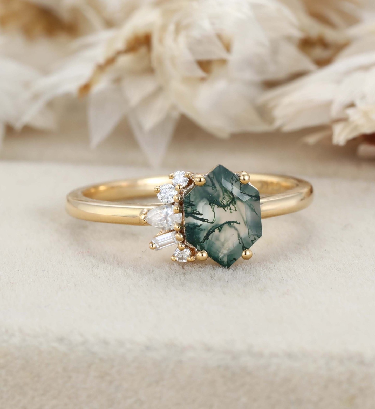 Hexagon Moss Agate Asymmetrical Ring Aquatic Green Agate Engagement Ring 14k Solid Gold Vintage Anniversary Ring Solitaire Promise Ring