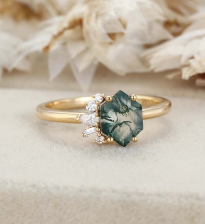 Hexagon Moss Agate Asymmetrical Ring Aquatic Green Agate Engagement Ring 14k Solid Gold Vintage Anniversary Ring Solitaire Promise Ring