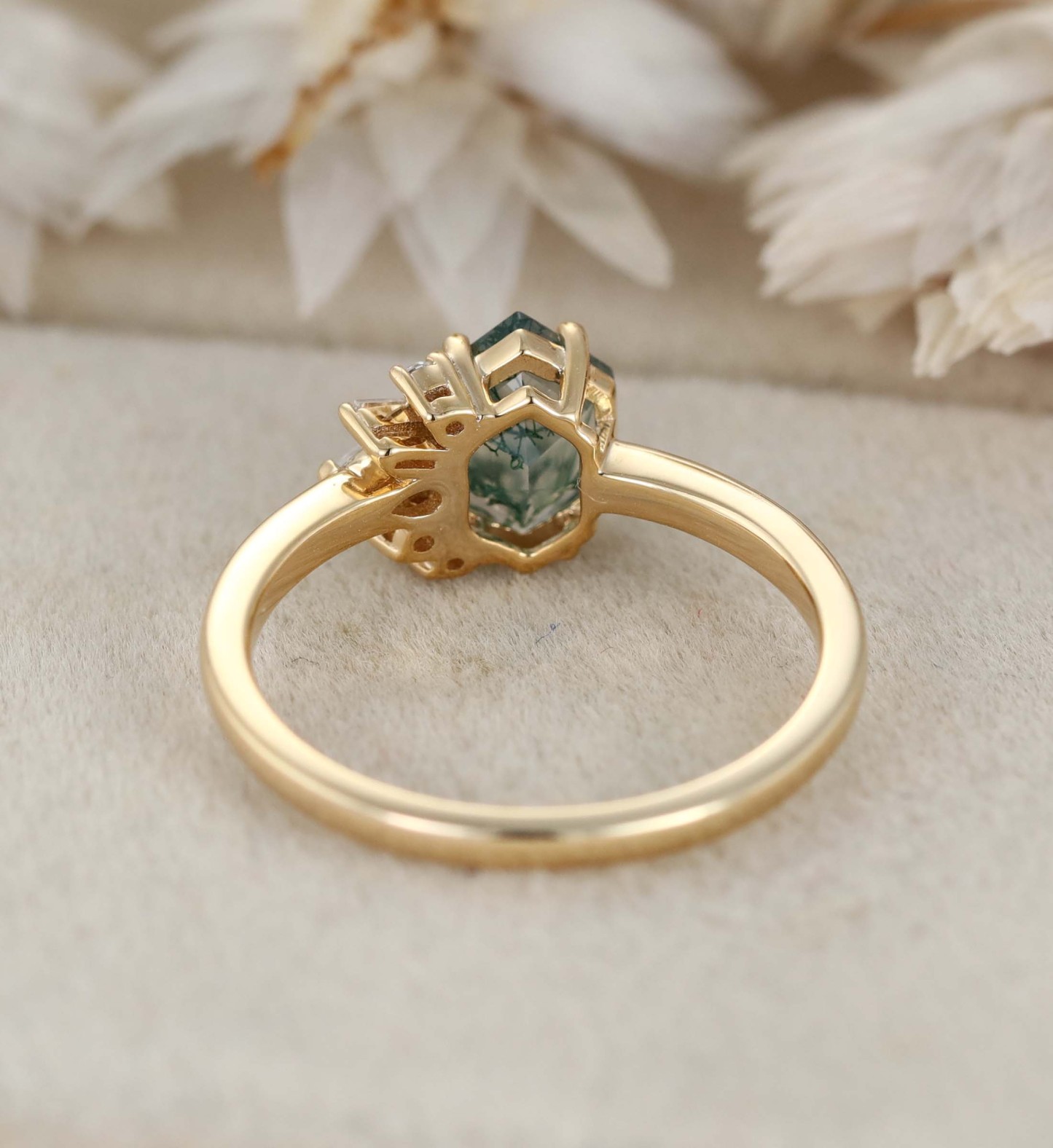 Hexagon Moss Agate Asymmetrical Ring Aquatic Green Agate Engagement Ring 14k Solid Gold Vintage Anniversary Ring Solitaire Promise Ring
