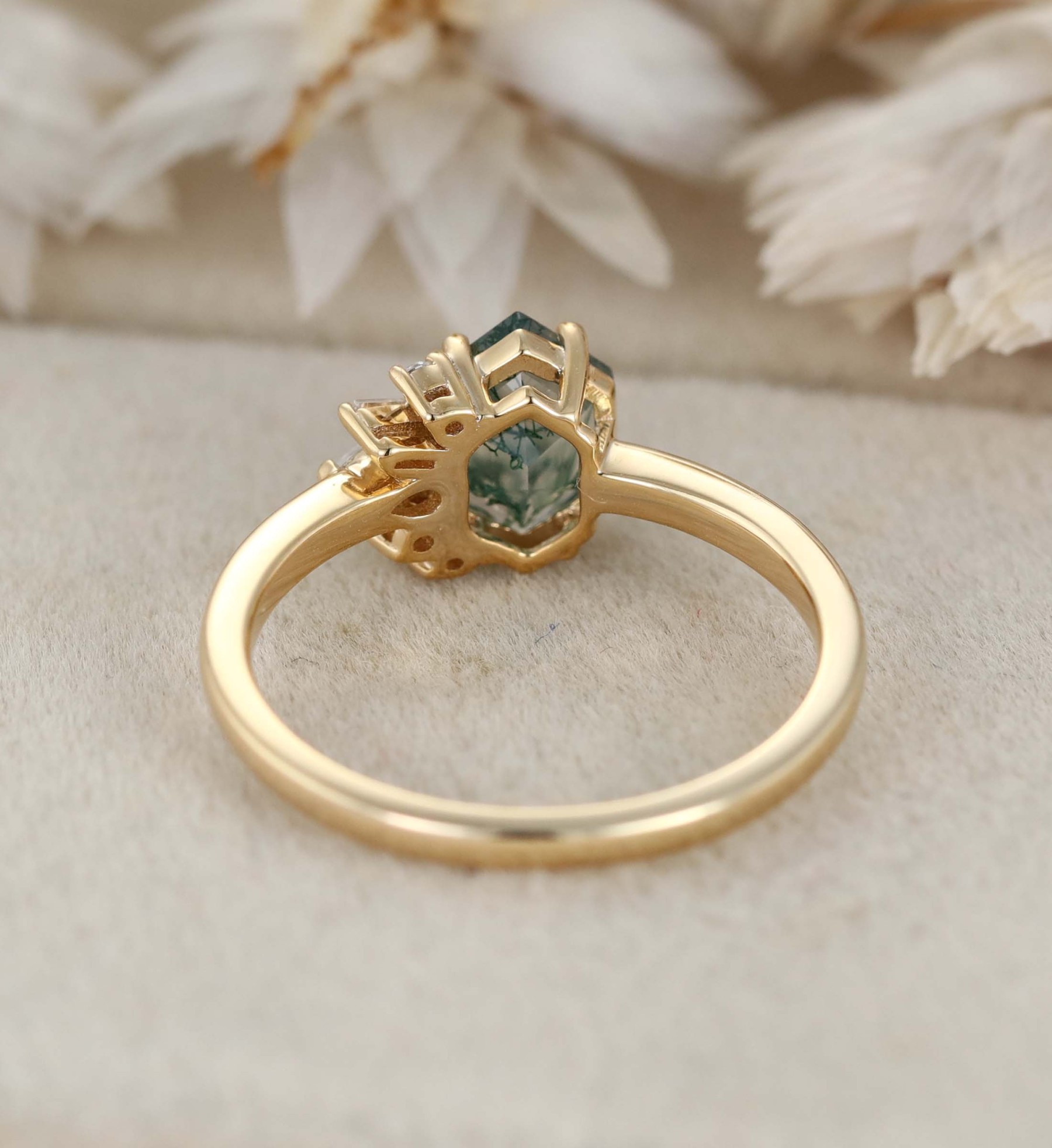 Hexagon Moss Agate Asymmetrical Ring Aquatic Green Agate Engagement Ring 14k Solid Gold Vintage Anniversary Ring Solitaire Promise Ring