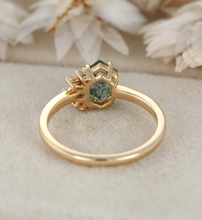 Hexagon Moss Agate Asymmetrical Ring Aquatic Green Agate Engagement Ring 14k Solid Gold Vintage Anniversary Ring Solitaire Promise Ring