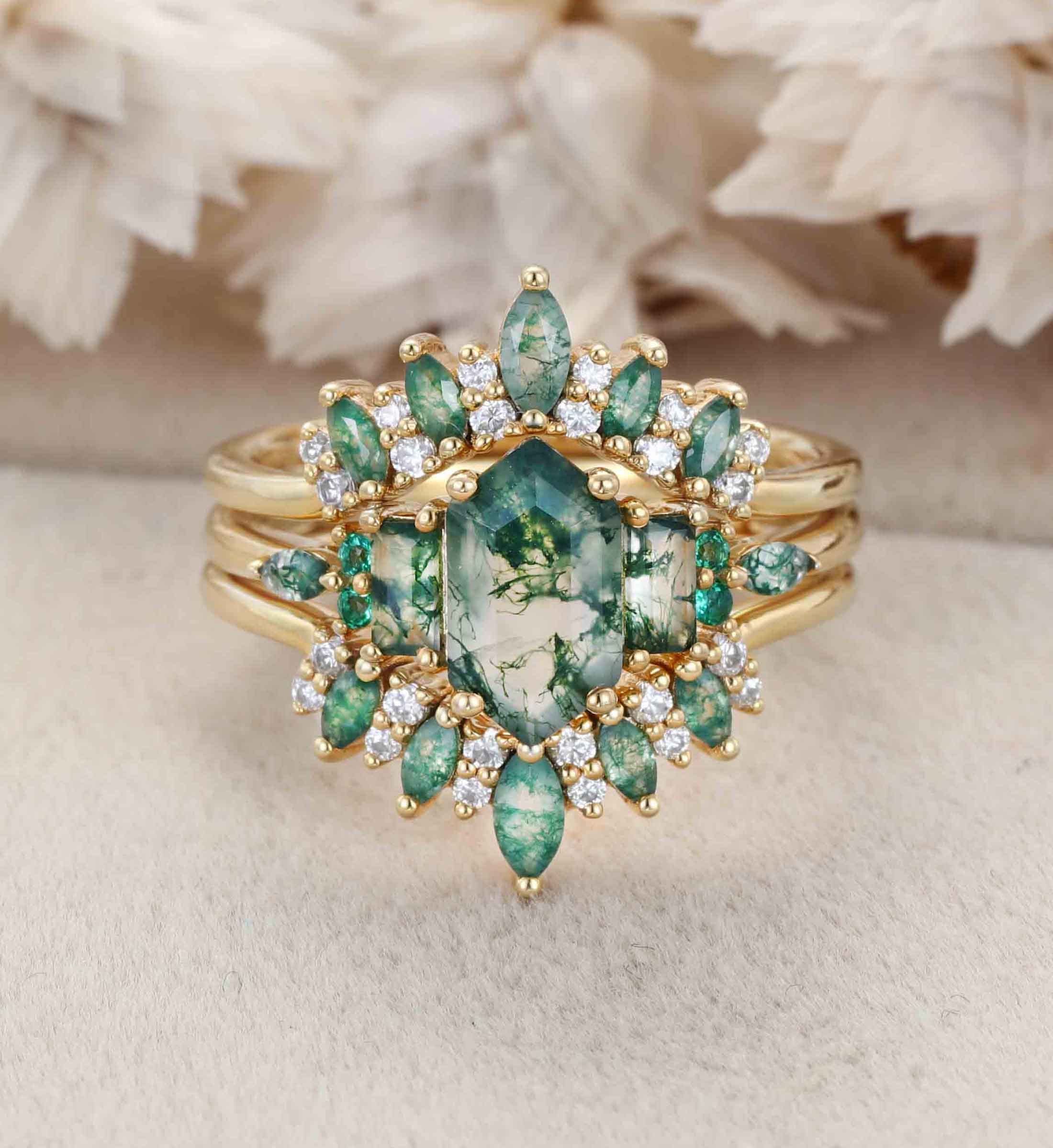 Hexagon Moss Agate Engagement Ring Double Curved Moss Agate Wedding Band Enhancer 14K Solid Gold Stacking Ring Moissanite Diamond Wedding Ring