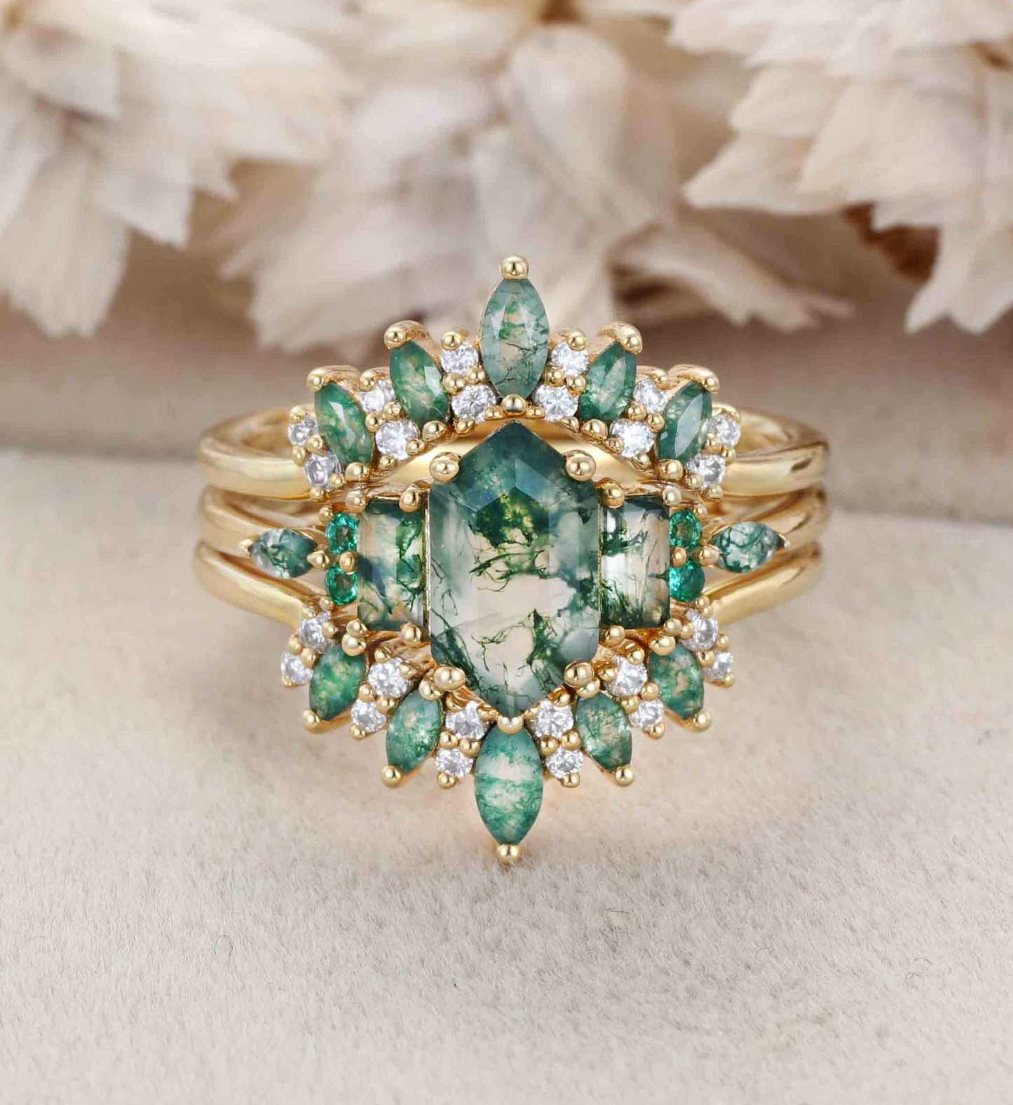 Hexagon Moss Agate Engagement Ring Double Curved Moss Agate Wedding Band Enhancer 14K Solid Gold Stacking Ring Moissanite Diamond Wedding Ring