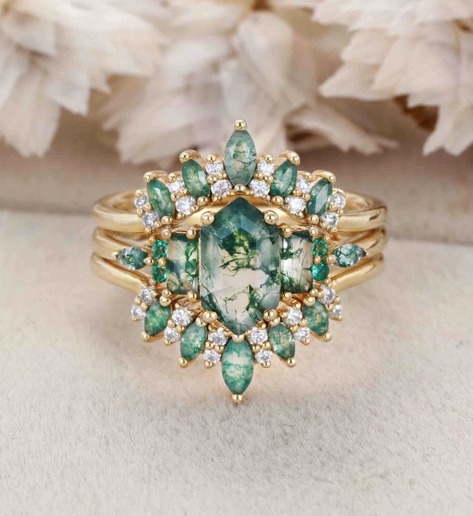 Hexagon Moss Agate Engagement Ring Double Curved Moss Agate Wedding Band Enhancer 14K Solid Gold Stacking Ring Moissanite Diamond Wedding Ring