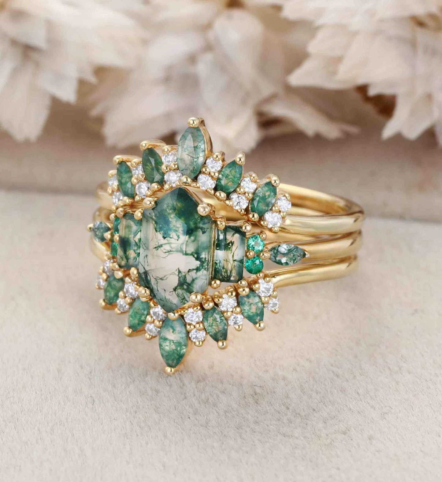 Hexagon Moss Agate Engagement Ring Double Curved Moss Agate Wedding Band Enhancer 14K Solid Gold Stacking Ring Moissanite Diamond Wedding Ring