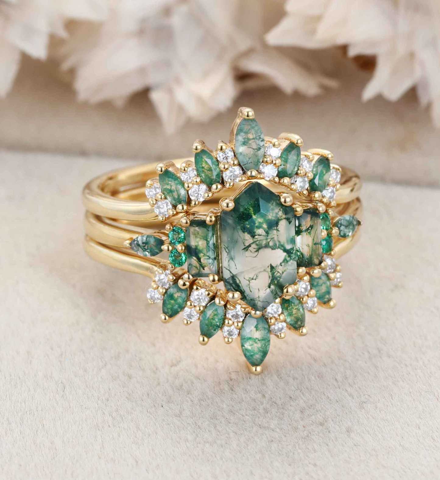 Hexagon Moss Agate Engagement Ring Double Curved Moss Agate Wedding Band Enhancer 14K Solid Gold Stacking Ring Moissanite Diamond Wedding Ring