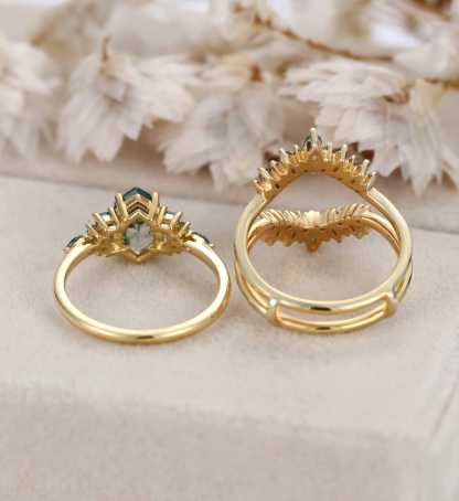 Hexagon Moss Agate Engagement Ring Double Curved Moss Agate Wedding Band Enhancer 14K Solid Gold Stacking Ring Moissanite Diamond Wedding Ring