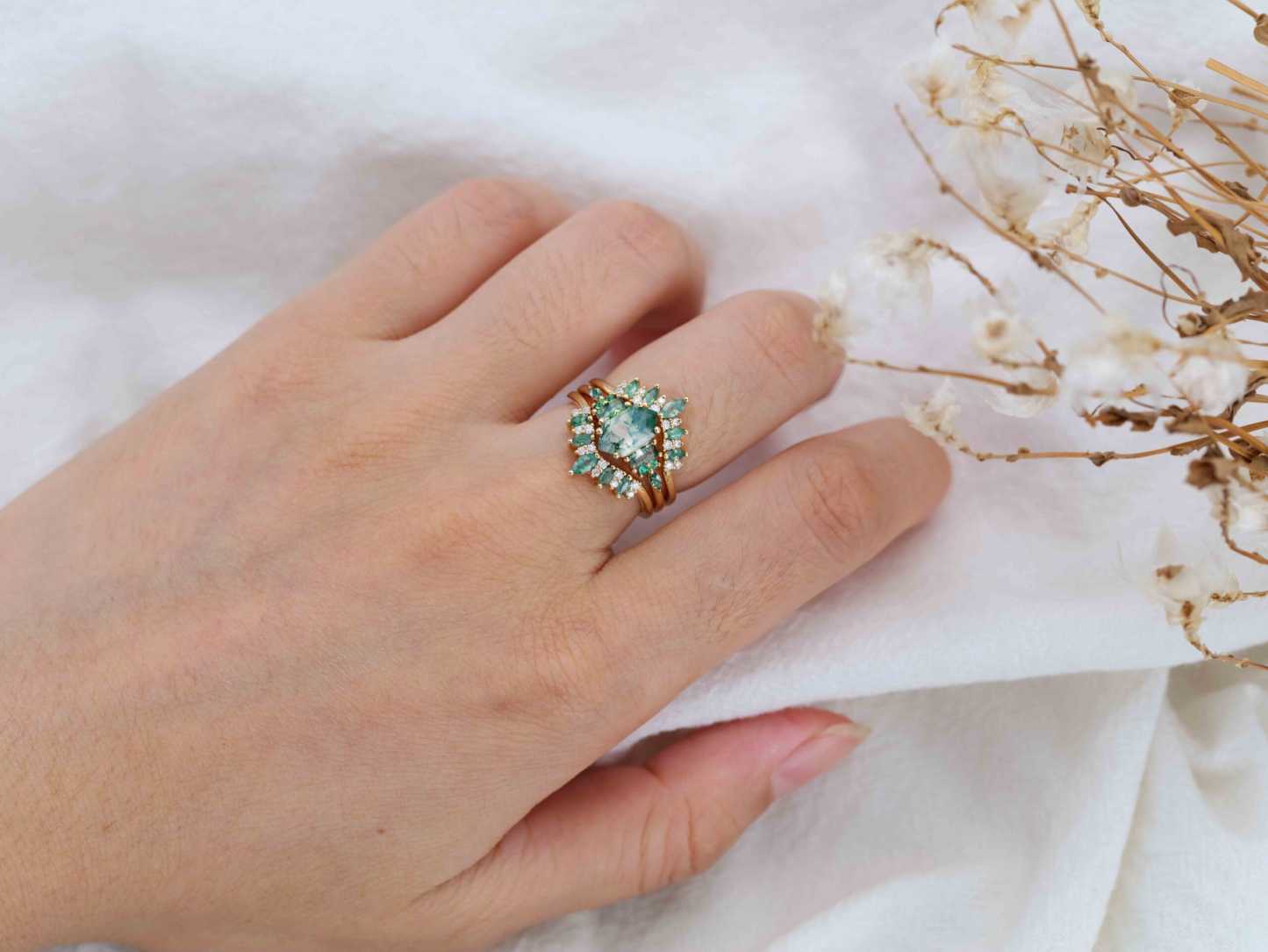 Hexagon Moss Agate Engagement Ring Double Curved Moss Agate Wedding Band Enhancer 14K Solid Gold Stacking Ring Moissanite Diamond Wedding Ring