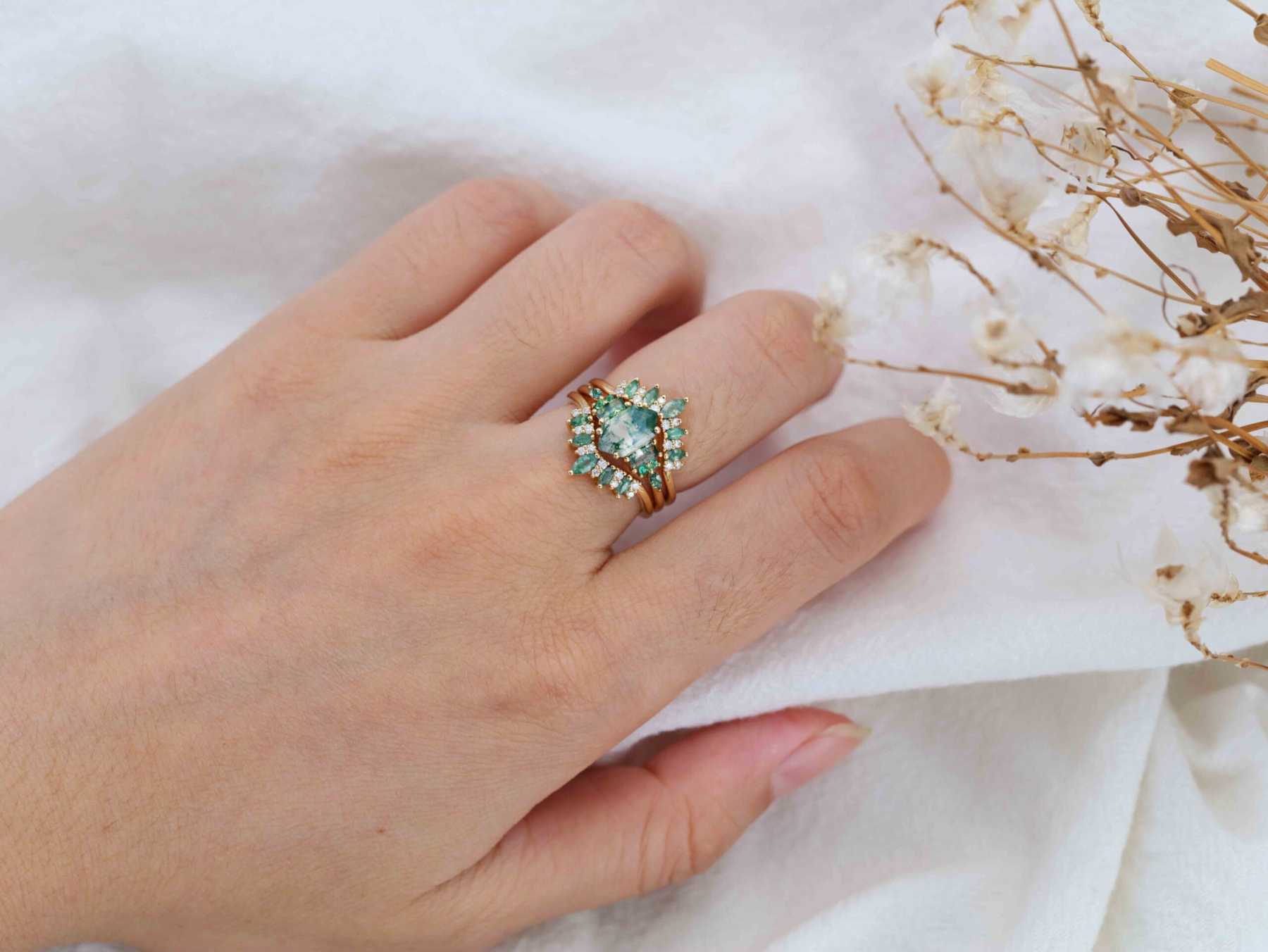 Hexagon Moss Agate Engagement Ring Double Curved Moss Agate Wedding Band Enhancer 14K Solid Gold Stacking Ring Moissanite Diamond Wedding Ring
