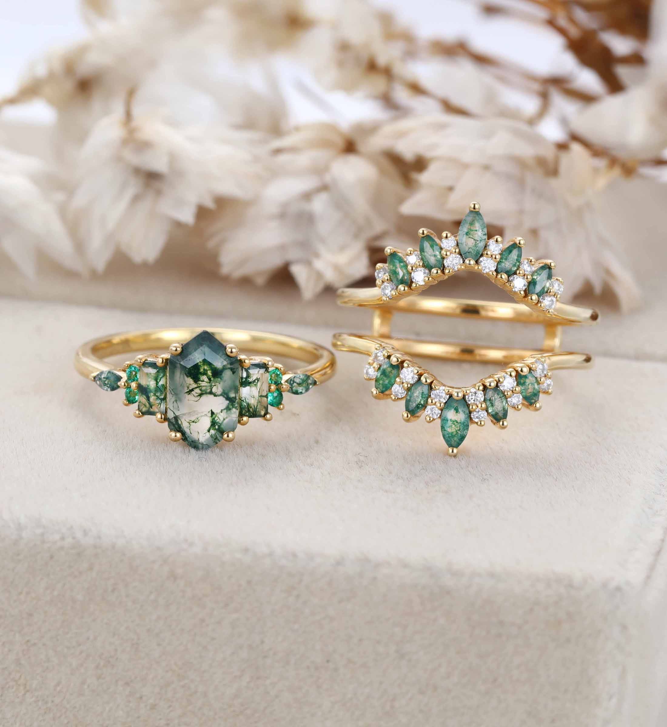 Hexagon Moss Agate Engagement Ring Double Curved Moss Agate Wedding Band Enhancer 14K Solid Gold Stacking Ring Moissanite Diamond Wedding Ring