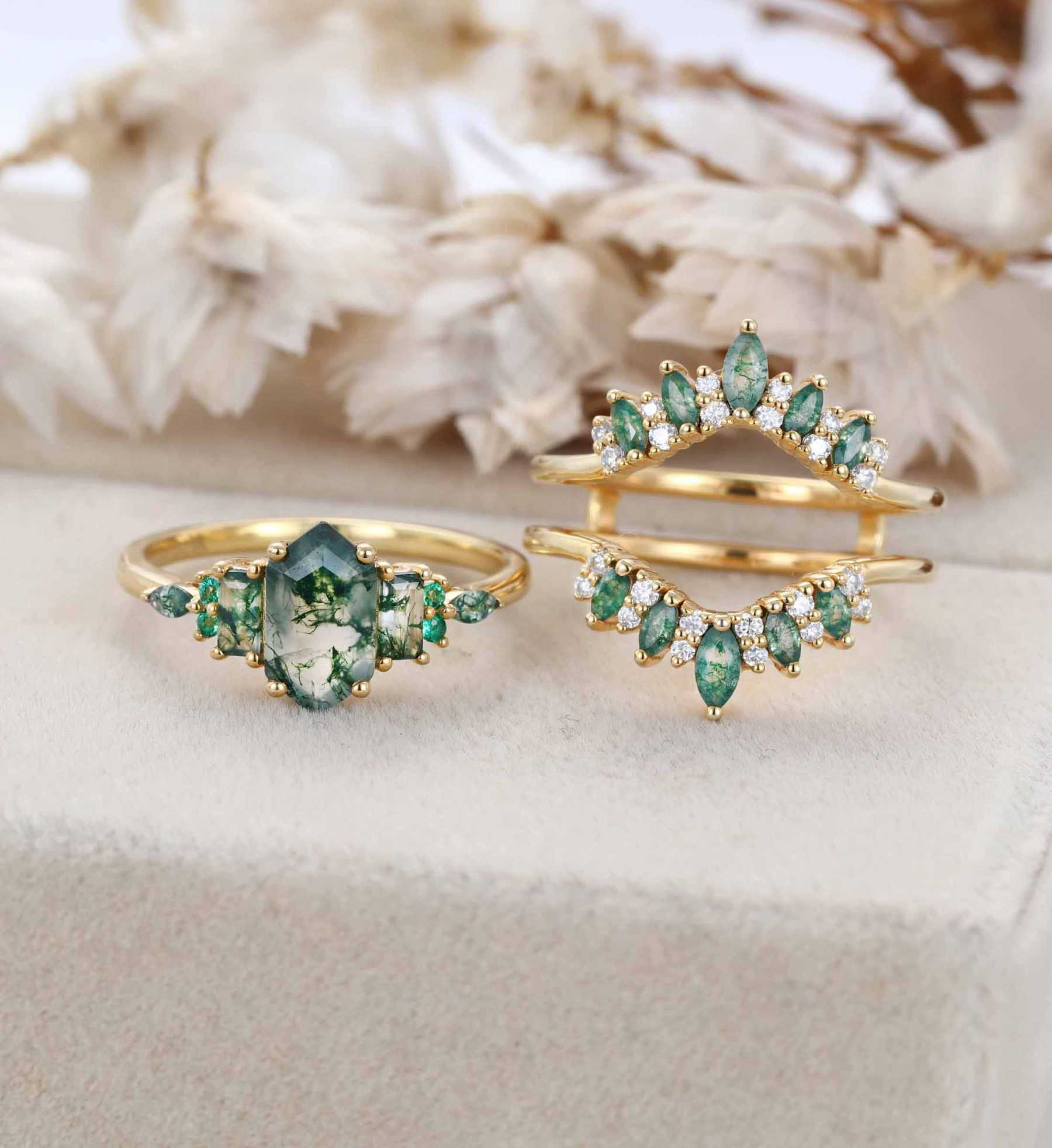Hexagon Moss Agate Engagement Ring Double Curved Moss Agate Wedding Band Enhancer 14K Solid Gold Stacking Ring Moissanite Diamond Wedding Ring