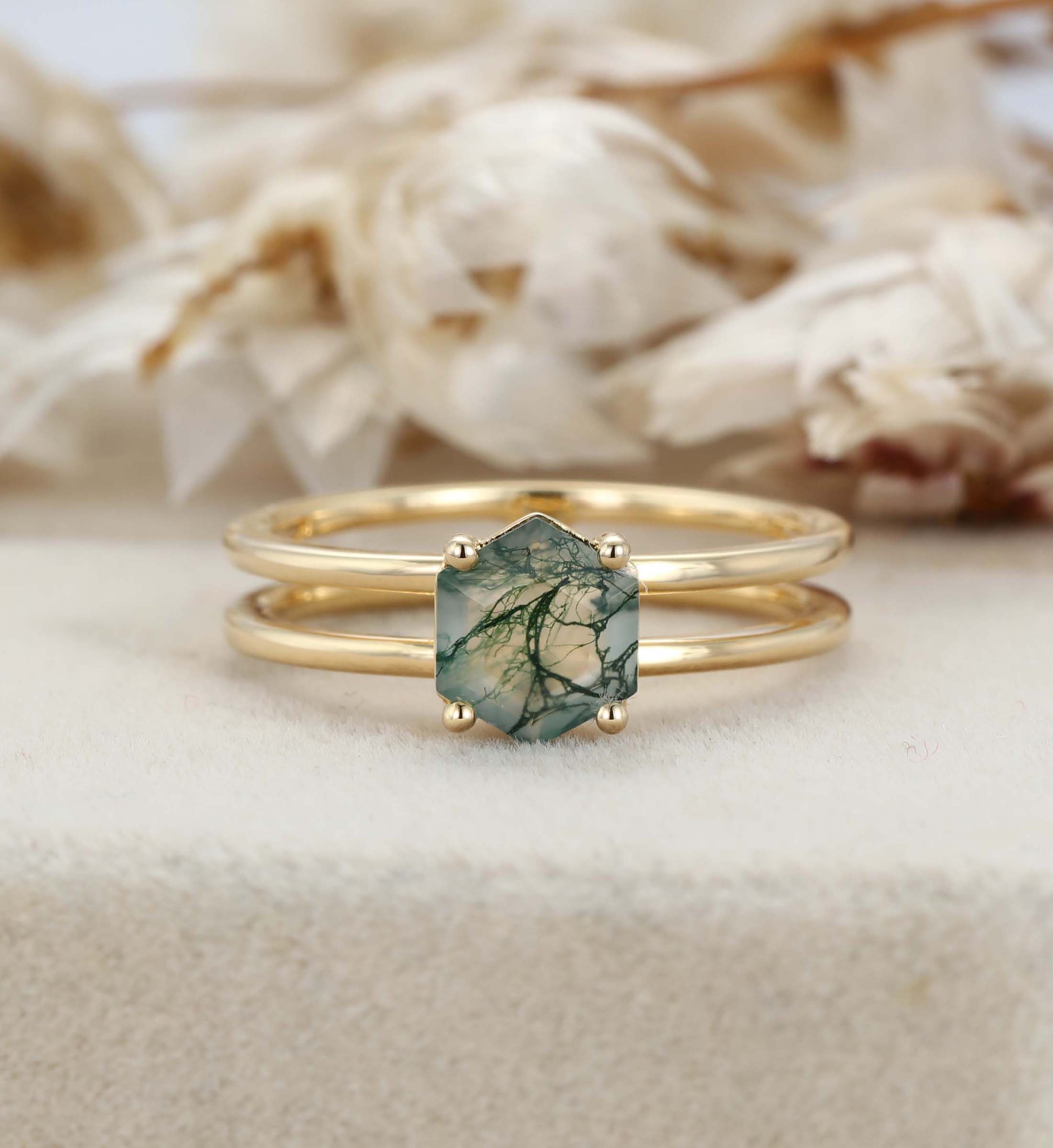Hexagon Moss Agate Ring Hexagon Cut Moss Agate Enhancer Engagement Ring Moss Agate Ring Moss Agate Double Band Ring