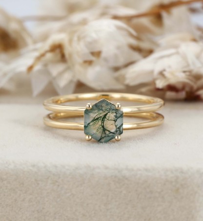 Hexagon Moss Agate Ring Hexagon Cut Moss Agate Enhancer Engagement Ring Moss Agate Ring Moss Agate Double Band Ring