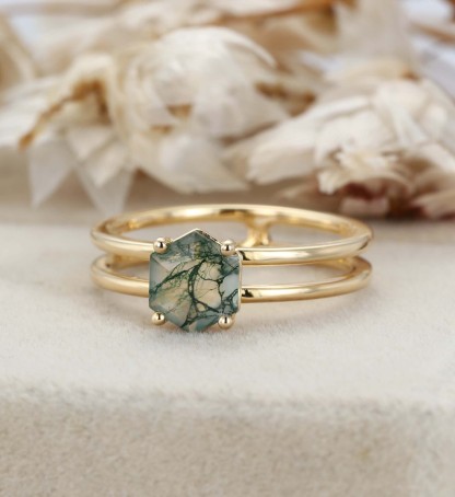Hexagon Moss Agate Ring Hexagon Cut Moss Agate Enhancer Engagement Ring Moss Agate Ring Moss Agate Double Band Ring