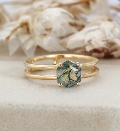 Hexagon Moss Agate Ring Hexagon Cut Moss Agate Enhancer Engagement Ring Moss Agate Ring Moss Agate Double Band Ring