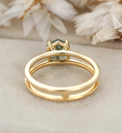 Hexagon Moss Agate Ring Hexagon Cut Moss Agate Enhancer Engagement Ring Moss Agate Ring Moss Agate Double Band Ring