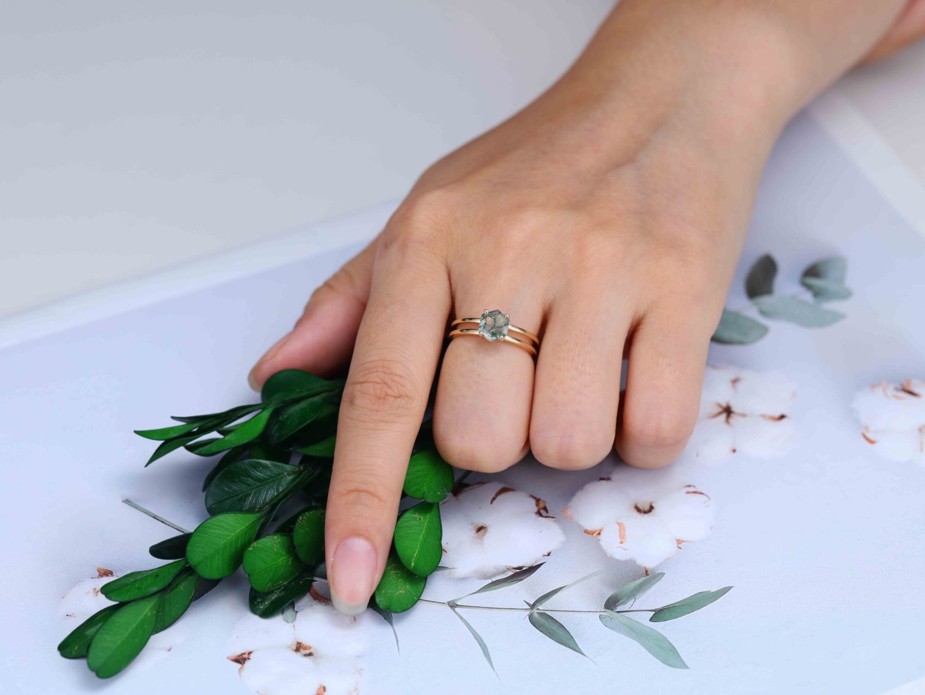 Hexagon Moss Agate Ring Hexagon Cut Moss Agate Enhancer Engagement Ring Moss Agate Ring Moss Agate Double Band Ring