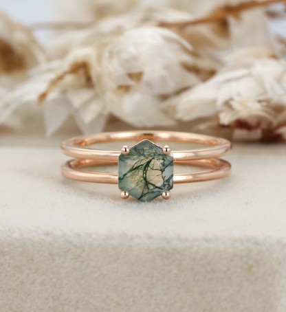 Hexagon Moss Agate Ring Hexagon Cut Moss Agate Enhancer Engagement Ring Moss Agate Ring Moss Agate Double Band Ring