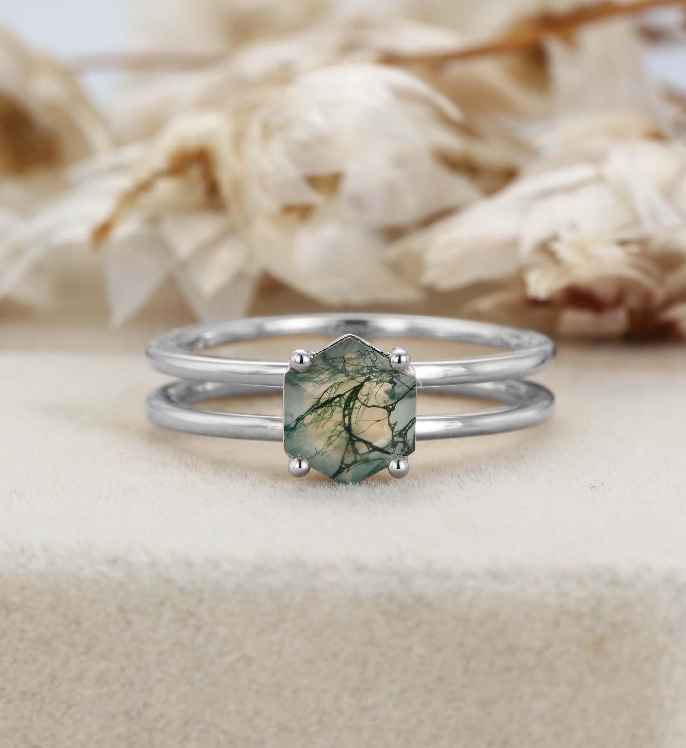 Hexagon Moss Agate Ring Hexagon Cut Moss Agate Enhancer Engagement Ring Moss Agate Ring Moss Agate Double Band Ring
