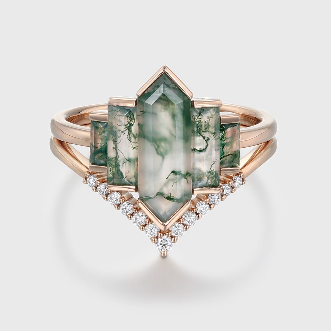 Hexagon Natural Moss Agate Engagement Ring Set Unique Rose Gold Engagement Ring Cluster Baguette Ring Bezel Set Art Deco Bridal Anniversary
