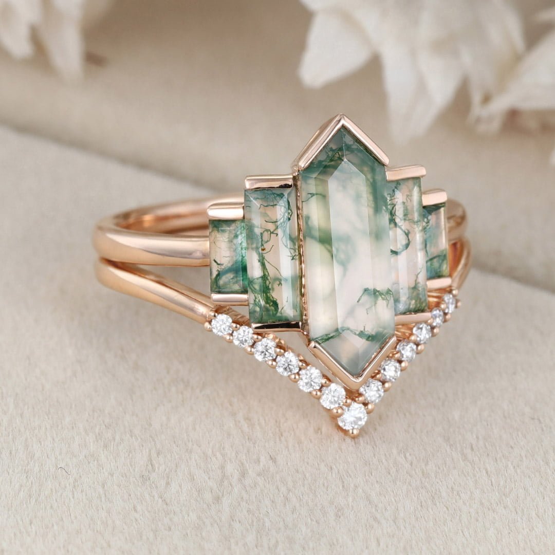 Hexagon Natural Moss Agate Engagement Ring Set Unique Rose Gold Engagement Ring Cluster Baguette Ring Bezel Set Art Deco Bridal Anniversary
