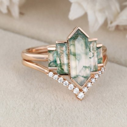 Hexagon Natural Moss Agate Engagement Ring Set Unique Rose Gold Engagement Ring Cluster Baguette Ring Bezel Set Art Deco Bridal Anniversary