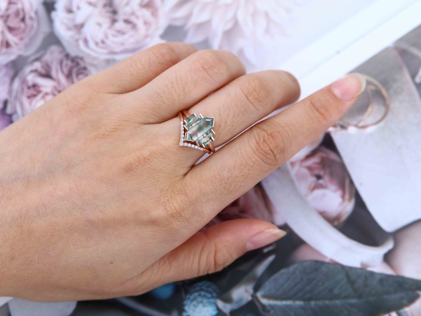 Hexagon Natural Moss Agate Engagement Ring Set Unique Rose Gold Engagement Ring Cluster Baguette Ring Bezel Set Art Deco Bridal Anniversary