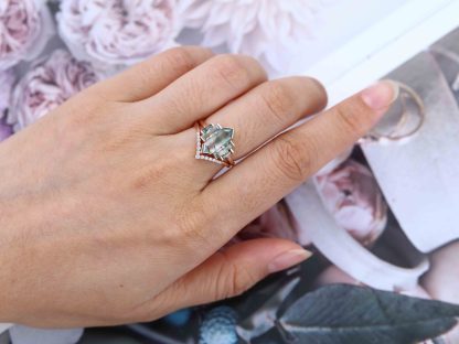 Hexagon Natural Moss Agate Engagement Ring Set Unique Rose Gold Engagement Ring Cluster Baguette Ring Bezel Set Art Deco Bridal Anniversary