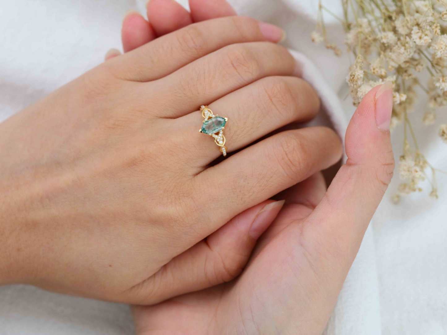 Hexagon Shape Moss Agate Engagement Ring Natural Moss Agate Wedding Ring Vintage 14k Yellow Gold Rings For Women Anniversary Ring