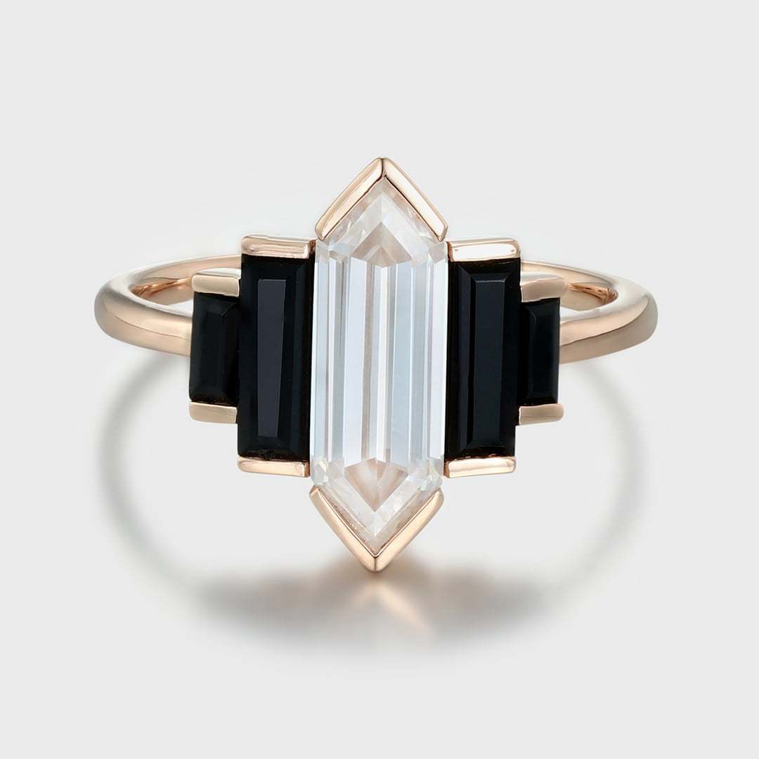 Hexagon cut Moissanite engagement ring Unique Cluster Black Onyx engagement ring Vintage Rose gold engagement ring bridal wedding promise