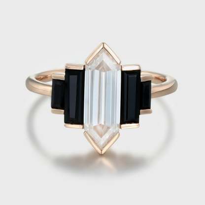 Hexagon cut Moissanite engagement ring Unique Cluster Black Onyx engagement ring Vintage Rose gold engagement ring bridal wedding promise